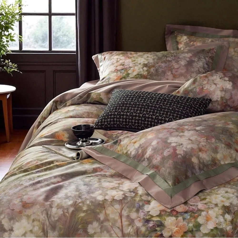 NEW Anthro Blush Pink Silk Floral Boho Cotton Queen King Bedding Duvet Sham Set